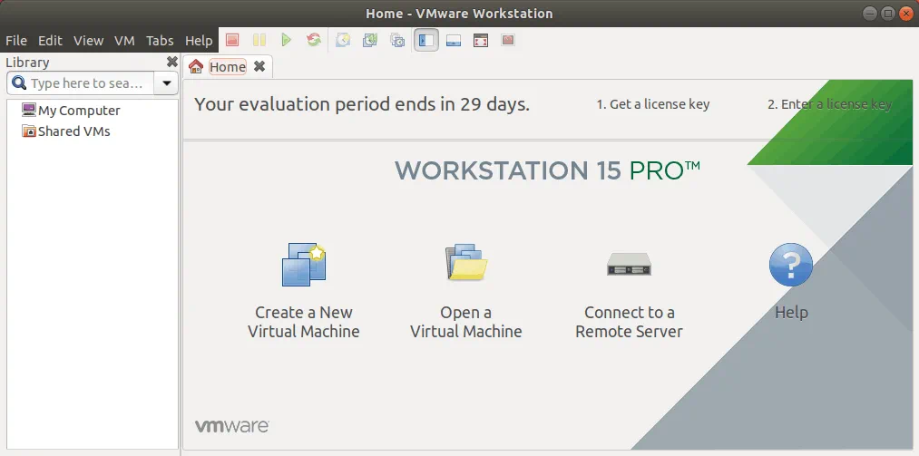 The interface of VMware Workstation 15 for Linux.