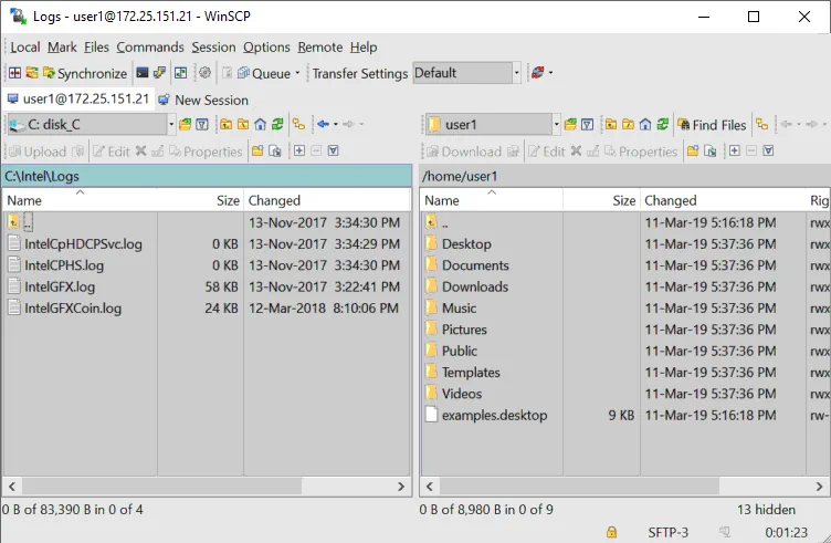 La ventana principal de WinSCP cuando un usuario está conectado a una máquina Linux remota.