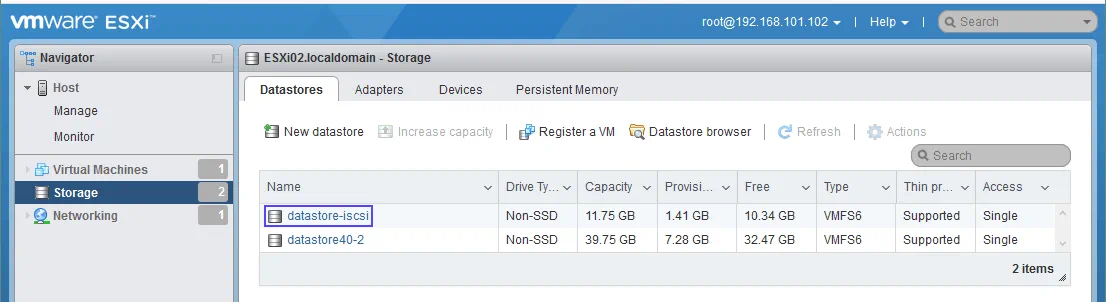 The remote iSCSI datastore has been created successfully on the ESXi host.