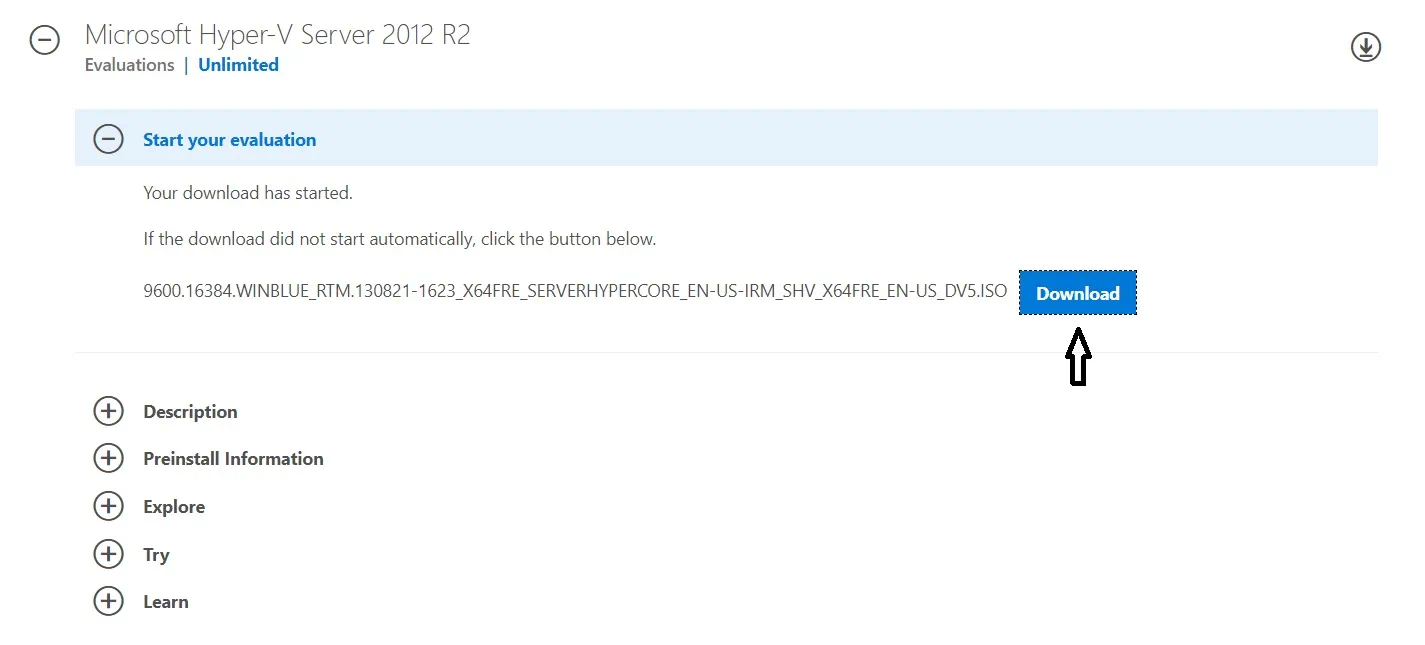 Downloading the ISO File for Hyper-V Core Installation