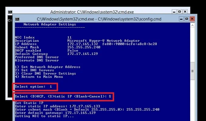 Setting the Static IP Address in Hyper-V Core 2012 R2
