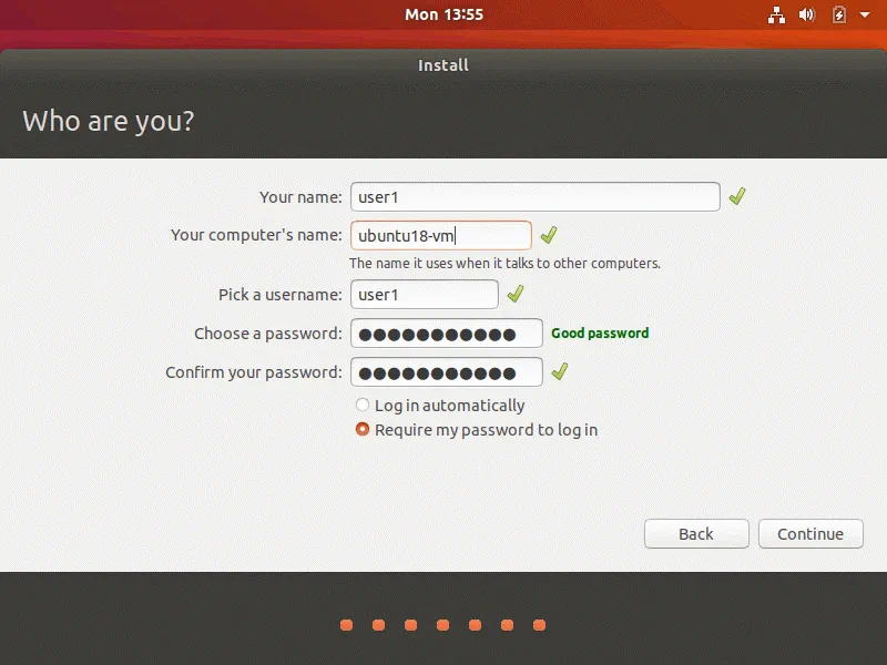 Cómo instalar Ubuntu en VirtualBox - configuración de las credenciales de usuario