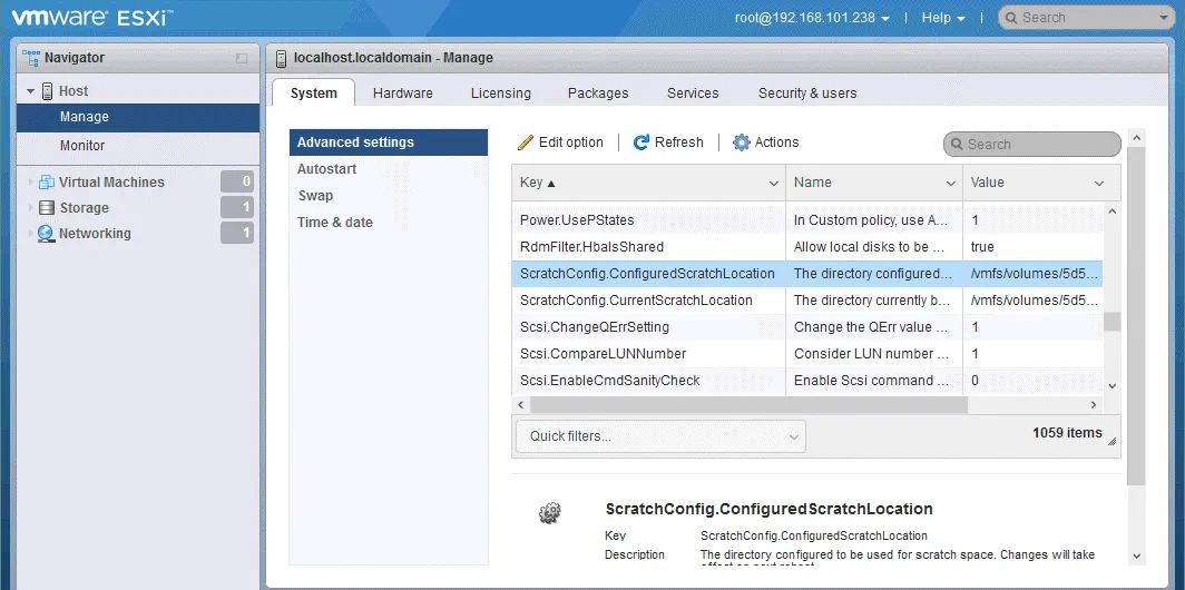 Configuring the location for storing ESXi system logs