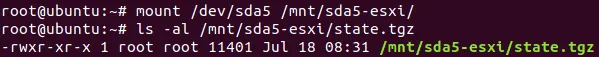 Locating the state.tgz file that contains the shadow file with ESXi password hashes.