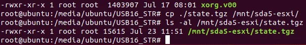 The state.tgz file that contains the ESXi default password hash of the known password is copied successfully.