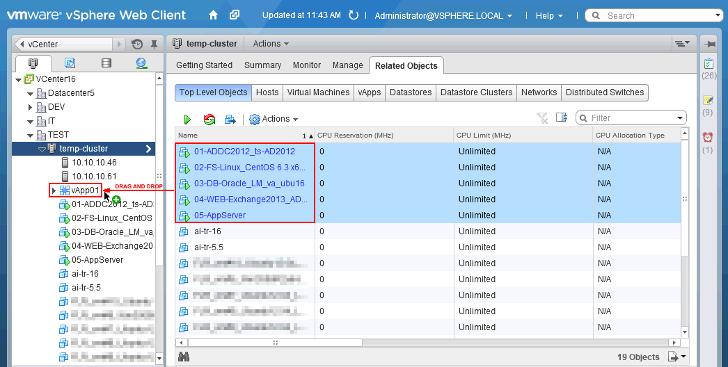 Adding VMs to the VMware vApp.