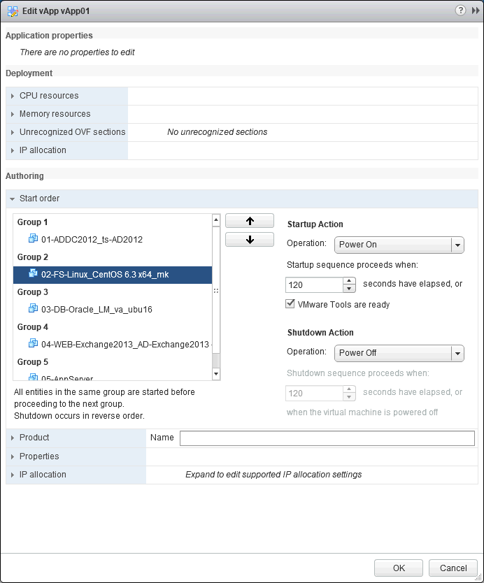 Editing the VM startup order for the VMware vApp.