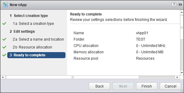 Ready to complete VMware vApp creation.