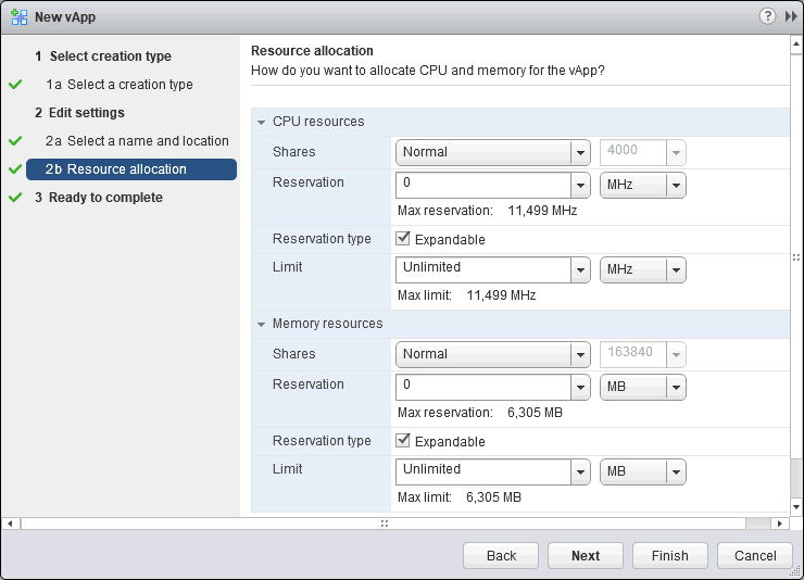 Resource allocation for the VMware vApp.