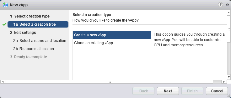 Selecting a creation type for a new VMware vApp.