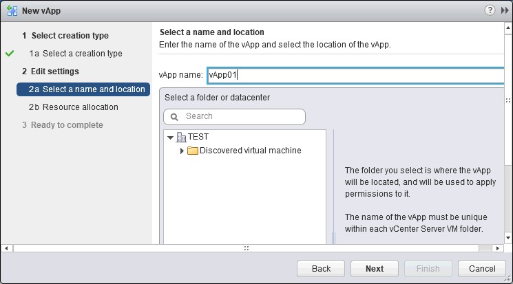 Selecting a name and location to deploy a vApp.