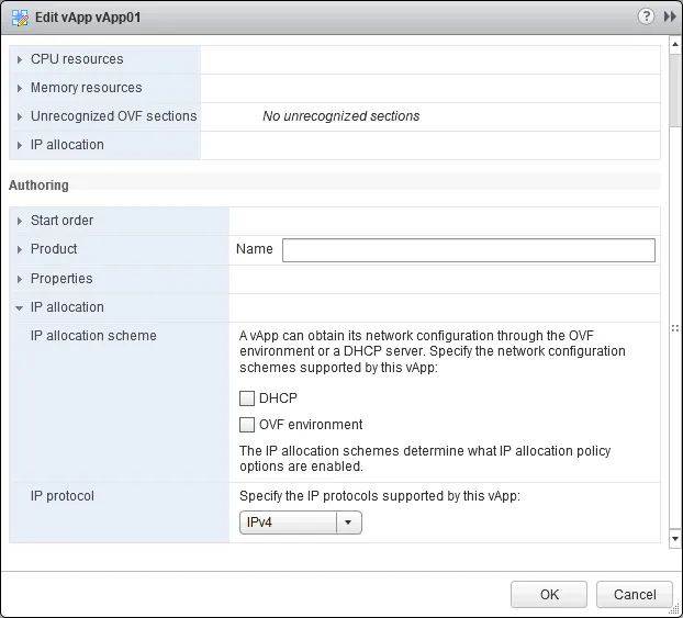 Selecting the IP allocation scheme for VMware vApp.