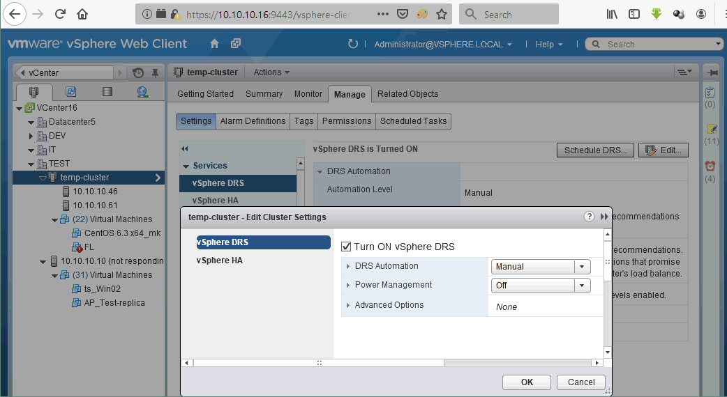 Turning on vSphere DRS in the VMware cluster before deploying VMware vApp.