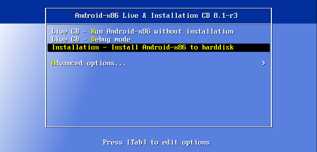Install Android on VMware – booting the android installer