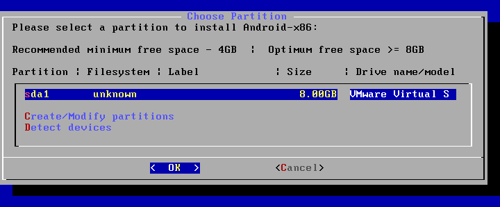 Install Android on VMware – select the created partition