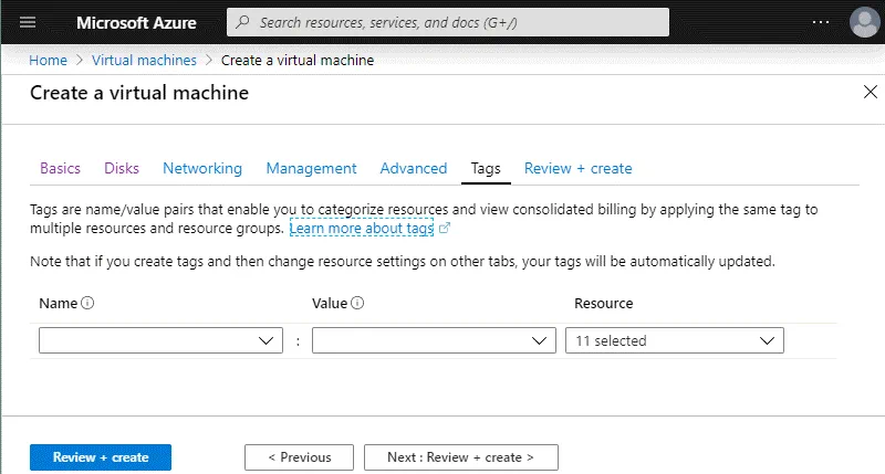 Tags for a new Azure VM