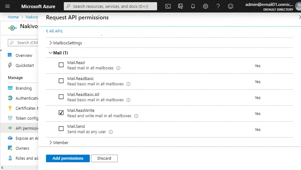 Adding API permissions for the Office 365 backup application