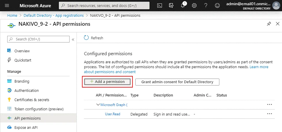Adding API permissions to make possible adding to Inventory, backup, and recovery of Office 365