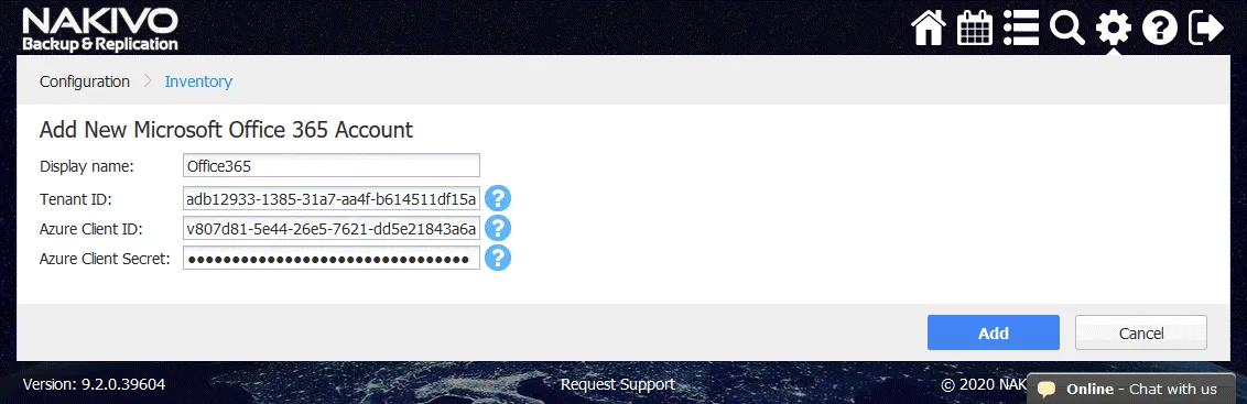 Adding a new Office 365 account to Inventory of NAKIVO Backup & Replication