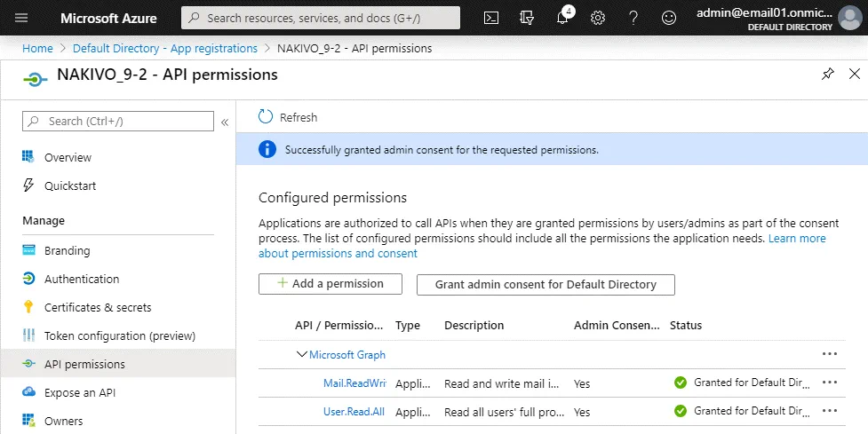 Admin's consent is granted for API permissions