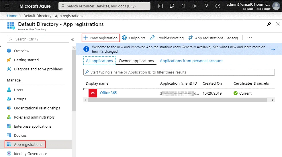 App registrations in Azure Active Directory are required to configure Office 365 backup