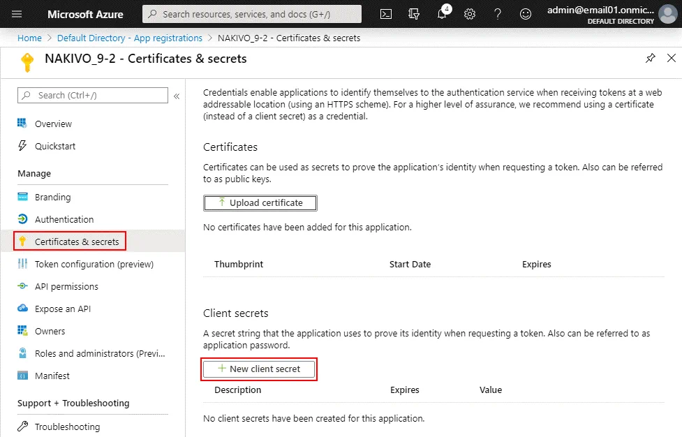 Creating a new client secret for Office 365 in Azure AD settings
