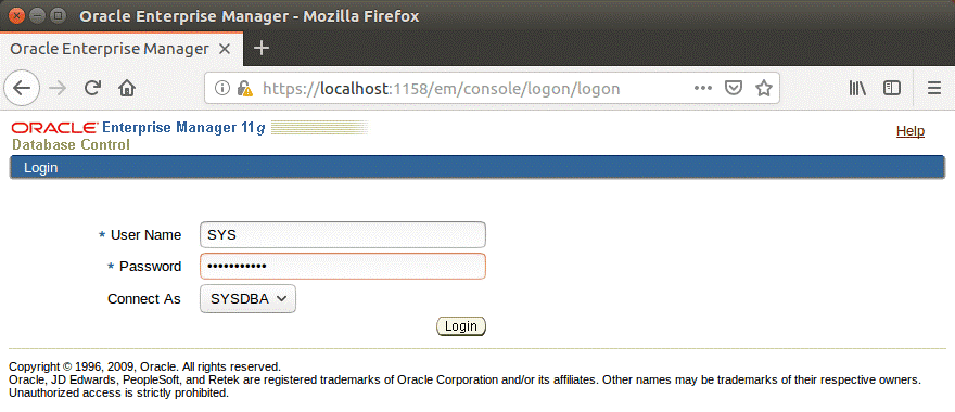 Database Control Manager for Oracle 11g Enterprise Edition – entering credentials