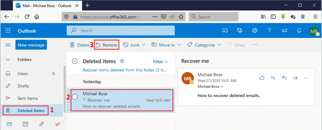Office 365 recover deleted email from the Deleted Items folder