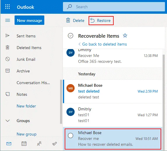 Office 365 recover deleted email from the Recoverable Items folder