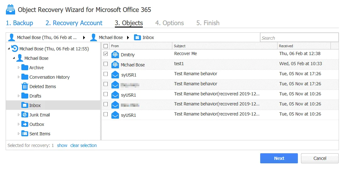 Office 365 recover deleted email – selecting email messages to recover