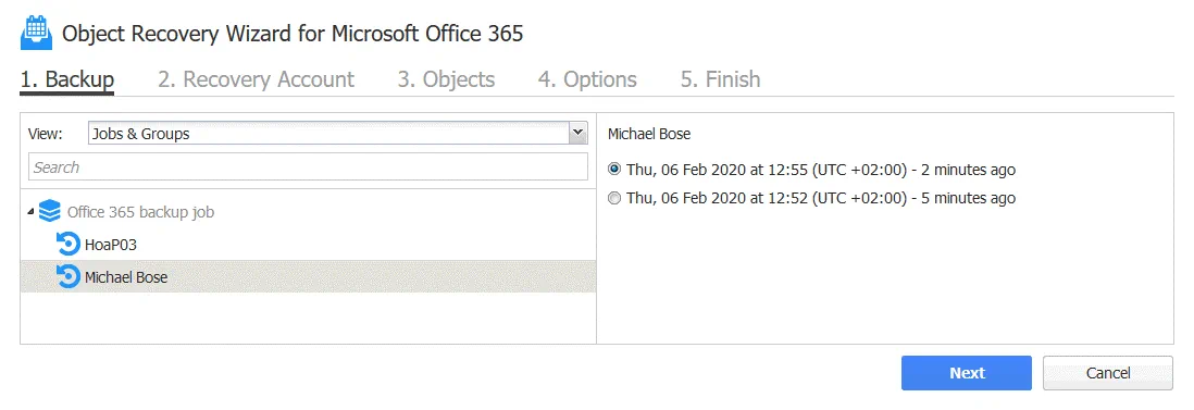 Office 365 recover deleted email – selecting the backed up Office 365 user account