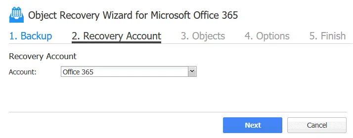 Office 365 recover deleted email – selecting the recovery account