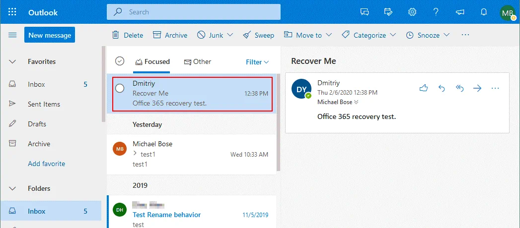 Office 365 recover deleted email – the email message has been recovered successfully