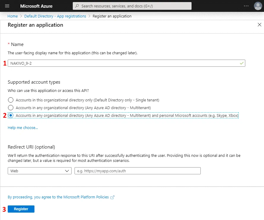Registering the Office 365 backup application in Azure Active Directory settings