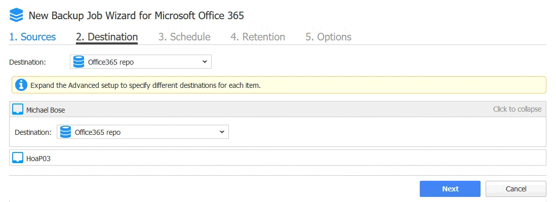 Select the destination of an Office 365 user mailbox