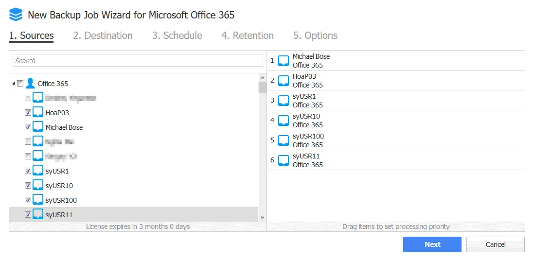Selecting source Office 365 mailboxes to back up in NAKIVO Backup & Replication