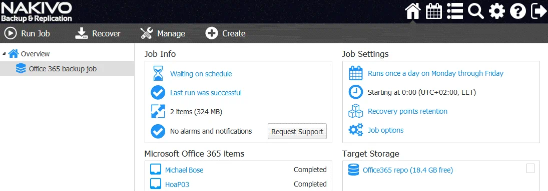 The Office 365 backup job has been completed successfully