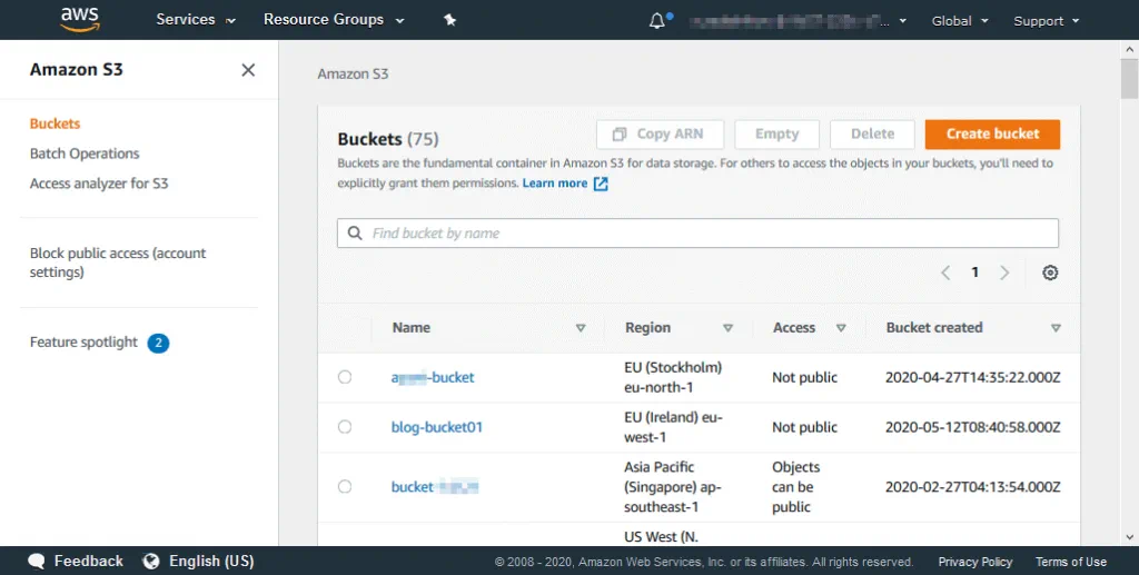 Opening the S3 bucket to configure Amazon S3 encryption
