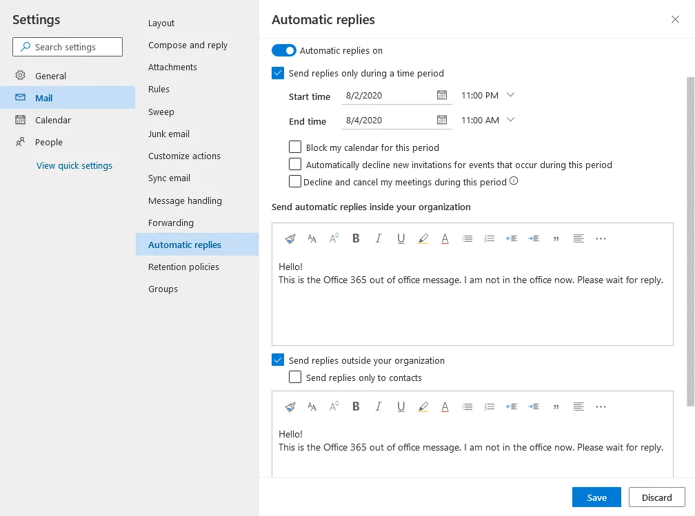 Configure Sending An Office 365 Out Of Office Message