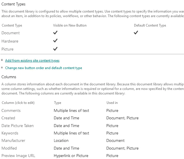 Adding custom content types to a library for SharePoint document management