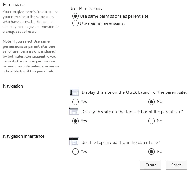 Configuring options for a new subsite