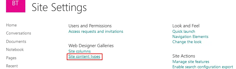 Configuring site content types in SharePoint site settings