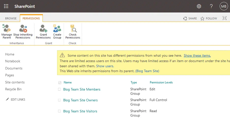 Configuring site permissions in the SharePoint data management system