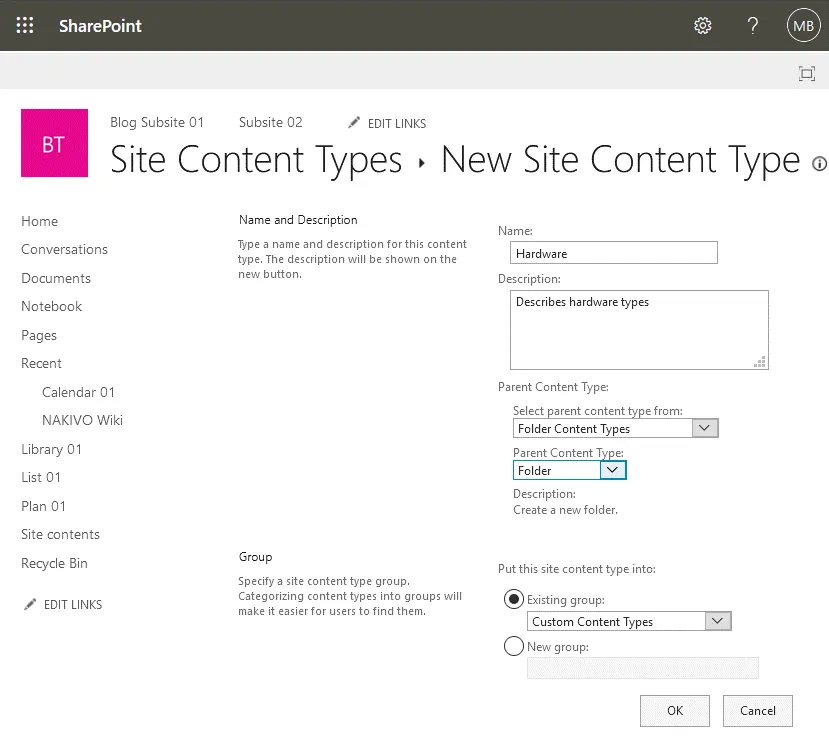 Creating a new site content type