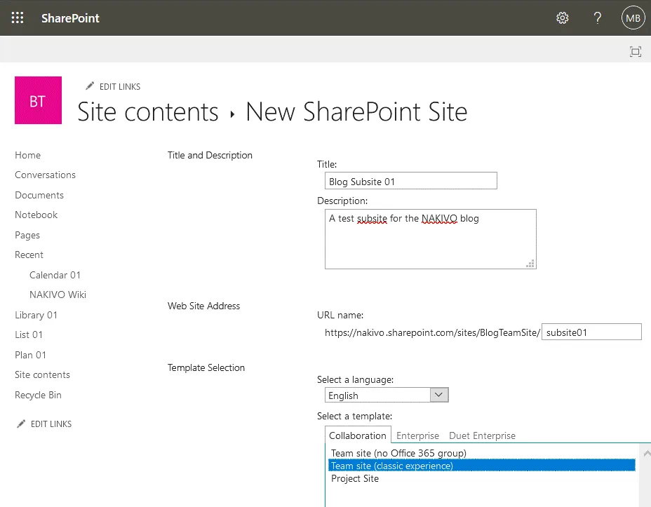 Creating a new subsite in SharePoint Online