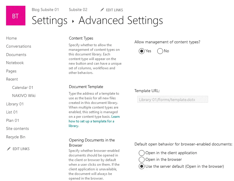 How to allow management of content types for a library in SharePoint Online
