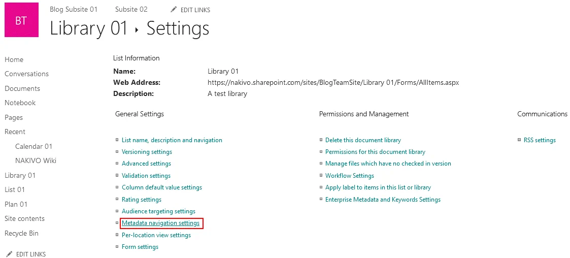 Metadata navigation settings