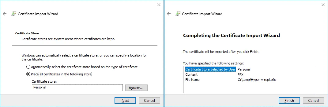 Seleccionar dónde colocar los certificados importados