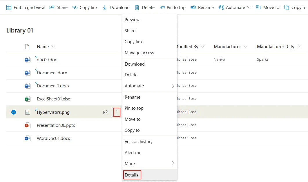 SharePoint document management - opening file details in a SharePoint library