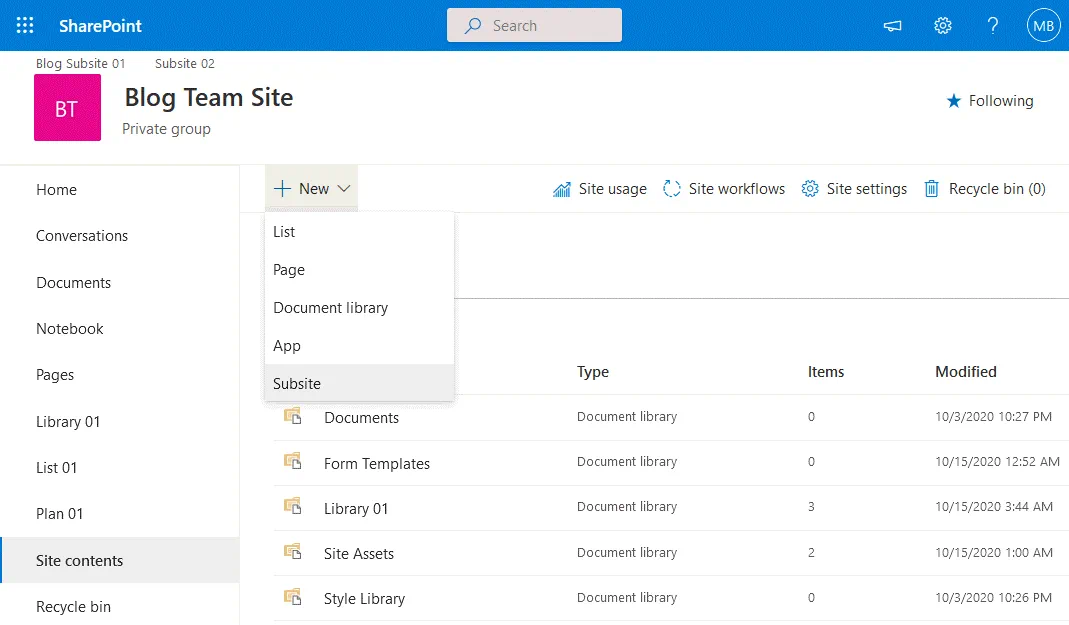 SharePoint document management – creating a new subsite